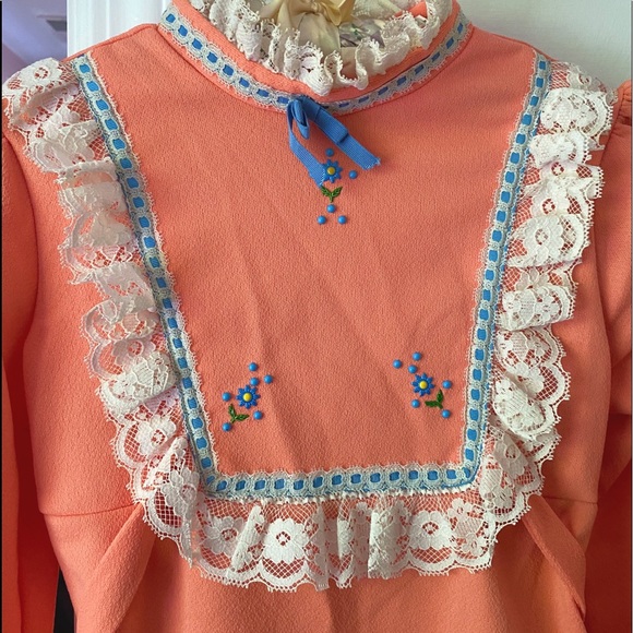 1960s Vintage Orange Dolly Maxi Dress with Lace Trim, Beaded Flower 🌼 XXS - Picture 2 of 5